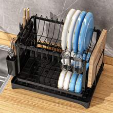 2-Tier Stainless Steel Dish Drying Rack With Knife Holder, Cutting Board Slot And Drip Tray, Suitable For Kitchen Countertop - Black - Multicolor - View 4