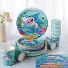 Shark Themed Disposable Tableware Set, Including 9 Inch & 7 Inch Paper Plates, 9oz Paper Cups, Napkins, Blue Ocean Underwater Shark Print Dinnerware Kit For Pool Party, Summer Gathering, Celebration, Beach Party, Ocean Themed Events - Multicolor - View 3