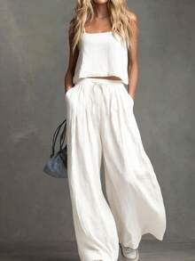 Fashionable Women's Solid Color Casual Cotton-Linen Camisole Top And Wide-Leg Pants Set - 黑色 - 查看 7
