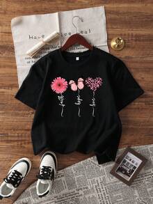 Short-Sleeved T-Shirt With Cartoon Print, Perfect For Couples. Suitable For Indoor/Outdoor Wear. Features A Casual Crew Neck For A Fashionable, Versatile, And Comfortable Look. U4YO - 黑色 - 查看 2