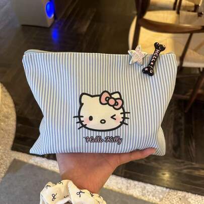 SANRIO Túi đựng mỹ phẩm Hello Kitty, túi KT kẻ sọc, kiểu dáng giản dị, đơn giản, túi cầm tay đựng mỹ phẩm dung tích lớn, túi đựng đồ di động đa năng hình hoạt hình, bền chắc, không kèm kẹp tóc.