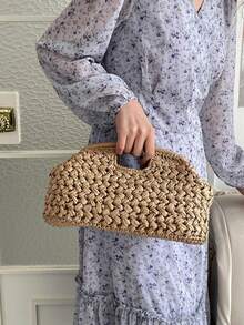 BEIKAMU 新款手工草编手提包，镂空沙滩包，休闲大容量女包 - 棕色 - 查看 4