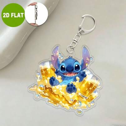 Disney 1个2D平面亚克力史迪奇钥匙扣，尺寸8.0厘米 x 7.82厘米，带史迪奇图案钥匙圈，可爱配饰，适用于包包、车钥匙，时尚吊坠，完美生日礼物，2D平面配饰，女士钥匙扣，母亲节创意礼物，腕带钥匙扣，可爱钥匙扣，教师节礼物，钥匙扣