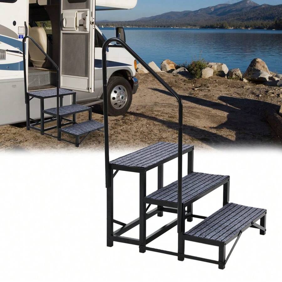 Escalera para RV de alta resistencia antideslizante con pasamanos – Escalera exterior portátil de 3 peldaños – Capacidad de 660 libras – Acceso para autocaravana, remolque, porche, jacuzzi, piscina, mascotas – Diseño plegable en negro - A - Ver 1