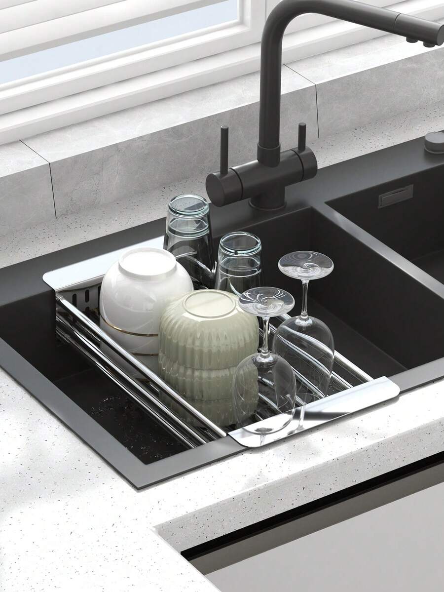 1pc Expandable Stainless Steel Sink Strainer Basket, Retractable Drain Rack, Dish Drying Rack, Lightweight Compact Design, Suitable For Kitchen Sink Storage, Metal Sink Drain Basket - Drain Rack - View 1