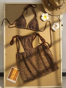 2pcs Women's Summer Beach Bikini Set, Crochet Halter Tie Back Bikini, Bohemian Sequin Crochet Cover Up Dress, Women Beach Vacation Bikini 3-Piece Set, Suitable For Beach, Leisure, Vacation And Pool Party - màu nâu - Xem 5