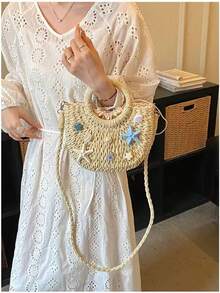 Straw Woven Beach Bag Starfish Shell Decor Round Handle Handbag Crossbody Vacation Tote Purse - White - View 4