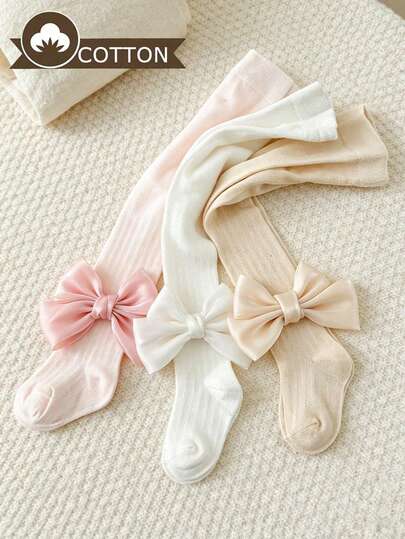 3 Pairs Baby Girls' Sweet Cute Bow Decor Mesh Tight Leggings, Suitable For Daily Wear In Spring & Summer