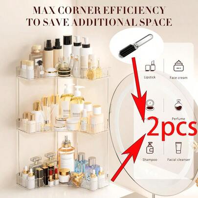Bộ 2 món kệ góc phòng tắm + lược gấp, kệ đựng đồ trên mặt bàn, kệ trang điểm, thích hợp để đựng mỹ phẩm, nước hoa cho nam và nữ, kệ góc trang nhã cho phòng tắm, nhà bếp hoặc phòng ngủ, đồ dùng ký túc xá, quà tặng ngày lễ hoàn hảo