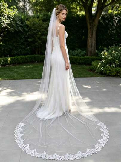 3 Meters Super Long Lace & Sequin Veil, One-Piece Bridal Headpiece, White Wedding Ceremony Photo Prop, Vintage