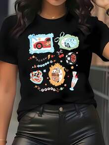 Disney Women's Popular Printed Cartoon Car Lightning McQueen Sally Spark Plug Racing Element Short Sleeve Round Neck T-Shirt, Casual Comfortable Fashion Versatile For Spring Summer Autumn Wear, Optimistic Design Stretch Fabric - 黑色 - 查看 1