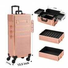 Makeup Box On Wheels, 4-In-1 Large Cosmetic Storage Box, Train Box With Key Rotating Wheel, Makeup Travel Box, Nail Salon Storage, Travel Cart Luggage, Cruise/Travel Essential - Rose Gold - View 3