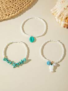 imoli Bộ 3 chiếc vòng chân hình cá phong cách Bohemian thời trang, làm từ hạt nhựa, đá và gốm, trang sức thủ công, thích hợp làm quà tặng cho phụ nữ đi biển, dự tiệc hoặc các buổi gặp gỡ xã giao. - 29882-xanh trắng - Xem 3