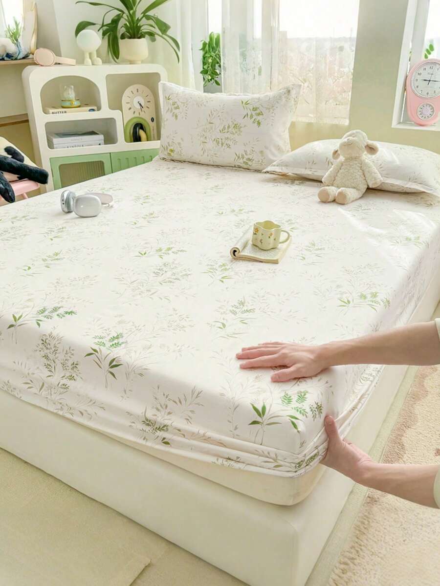 1件装花卉印花超柔软床笠 - 仅含床垫保护套，可机洗，适合乡村风、清新风和ins风，提升卧室时尚氛围，多种尺寸（特大号/大号/双人床/单人床）可选，适用于家庭/宿舍/公寓/客房/度假屋及礼品。