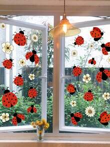 1pc 2D Printed Ladybug & Daisy Decorative Window Sticker, Creative Self-Adhesive Removable Double-Sided Transparent PVC Glass Decal For Living Room, Bedroom, Door And Window - D - View 9