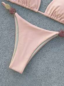 Bộ bikini dây đeo đính hạt thanh lịch dành cho nữ, thiết kế buộc dây phía sau tạo vẻ ngoài thời trang, màu hồng, thích hợp cho kỳ nghỉ. - Hồng - Xem 9