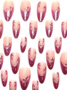 24 piezas de uñas postizas con diseño floral 3D en color rojo rosa con baño de oro, de forma almendrada y asimétrica, adecuadas para el trabajo, uso diario, fiestas, vacaciones, reutilizables con accesorios incluidos - Rosa Roja - Ver 4
