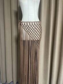 Beachapche Hand Crochet Tassel Skirts Women Fashion Side High Knitted  Beach Cover Ups - Quả cam - Xem 5