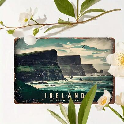 Vintage Retro Ireland Cliffs Of Moher Landscape 2D Printed Aluminum Tin Sign, 20cm*30cm Flat 2D Metal Wall Art Painting, Rustic Decorative Wall Plaque For Home Bar Cafe Living Room