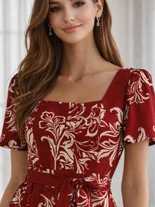 Long Jumpsuit, Thermal Print, All-Over Print, Polyester, Embroidered, With Belt, Buttons, Front Zipper, Birthday Party, Dating, Spring/Summer. - 紅色 - 查看 3