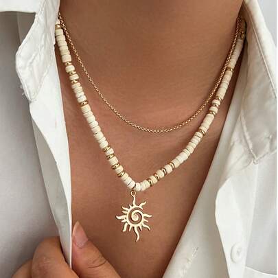 Bộ dây chuyền hai lớp phong cách Bohemian phiên bản giới hạn mùa hè, mặt dây chuyền hình mặt trời đính hạt vỏ dừa tự nhiên màu be, phụ kiện đa năng phong cách nghỉ dưỡng biển retro, quà tặng cho bạn gái.