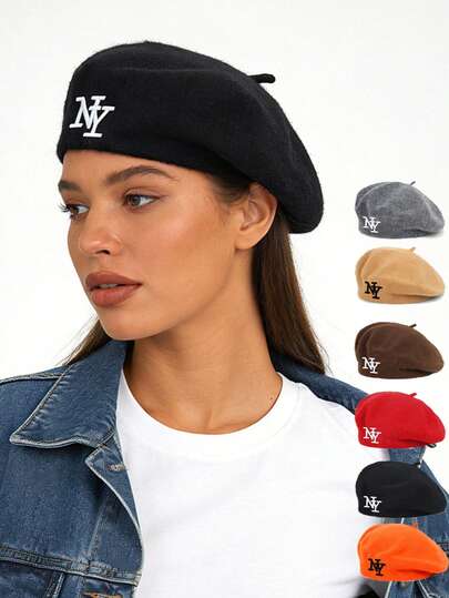 Boina bordada de Nueva York de colores, sombrero de fieltro clásico francés de artista para mujer, gorra de niño de unicolor, accesorio de moda callejera