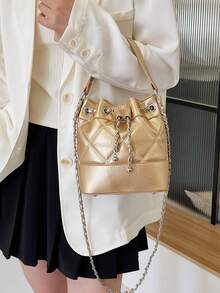 Women's Bucket Bag With Chain Shoulder Strap, Fashion - Gold - View 8