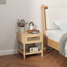 Nightstand, Bedside Table, Side Table, Natural Night Chest With Drawer And Open Shelf, Rattan Design, Natural Finish, 40 X 40 X 48.4 Cm - Natural Wood - View 3