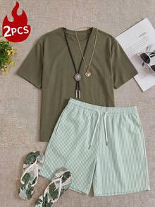 Ensemble pyjama 2 pièces, t-shirt à manches courtes rayé et short décontracté pour hommes, tenue de détente confortable - Militaire verte - Voir 3
