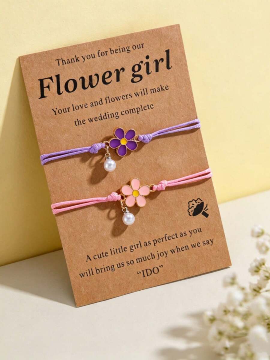 2pcs Lovely Floral Bracelets For Women, Flower Design With Faux Pearl, Adjustable Size, Each Set Comes With A Thank You Card, Suitable For Daily Wear, Sharing With Loved Ones, Wedding Gift - Multicolor - View 1
