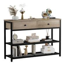 Mesa consola estrecha de 2 cajones con estantes abiertos de 2 niveles, estructura de metal – Aparador buffet para la entrada, comedor, pasillo, sala de estar o vestíbulo – Mueble de almacenamiento que ahorra espacio - Marrón - Ver 1