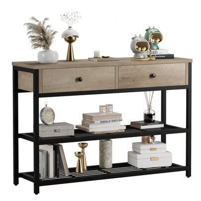 Mesa consola estrecha de 2 cajones con estantes abiertos de 2 niveles, estructura de metal – Aparador buffet para la entrada, comedor, pasillo, sala de estar o vestíbulo – Mueble de almacenamiento que ahorra espacio