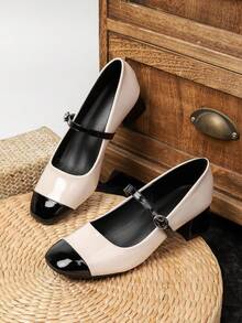 4.5cm Retro Women's Mid-High Heels, Single Buckle Patent Leather Square Toe Mary Jane Shoes, Non-Slip Durable Comfortable Commuting Shoes - White - View 2