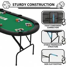 Mesa de póker ovalada plegable de 71" para 8 personas - Mesa de juego de calidad de casino con bordes acolchados, estructura de acero resistente, portavasos - Mesa portátil para Texas Holdem, Blackjack y Dominó - Azul/Verde - PU negro + base verde - Ver 6