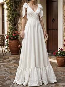 Women's V-Neck Backless Long Dress - White - View 2