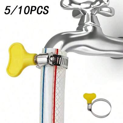 5PCS/10PCS Yellow Stainless Steel Hose Clamp, Adjustable Thumb Screw Key Clamp, (16-25mm), Very Suitable For Pipeline, Automobile And Mechanical Applications.