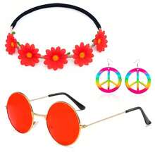 嬉皮士三件套：雏菊发箍 + 和平标志耳环 + 粉色时尚眼镜，60/70年代复古派对服装道具，适合万圣节、音乐节、角色扮演，波西米亚风雏菊花冠，和平标志耳环，粉色圆框眼镜 - 彩色 - 查看 4