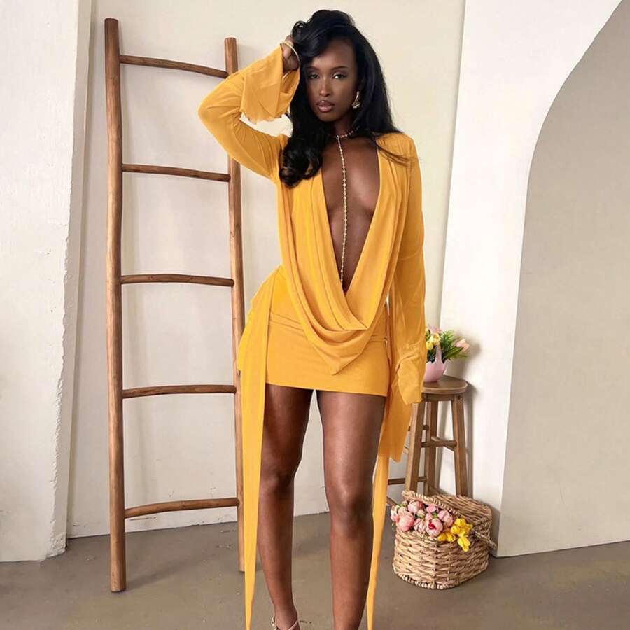 Sexy Oversized Plunging Neckline Mesh Patchwork Backless Mini Dress Pink,Dresses For Women Elegant - Màu vàng - Xem 1