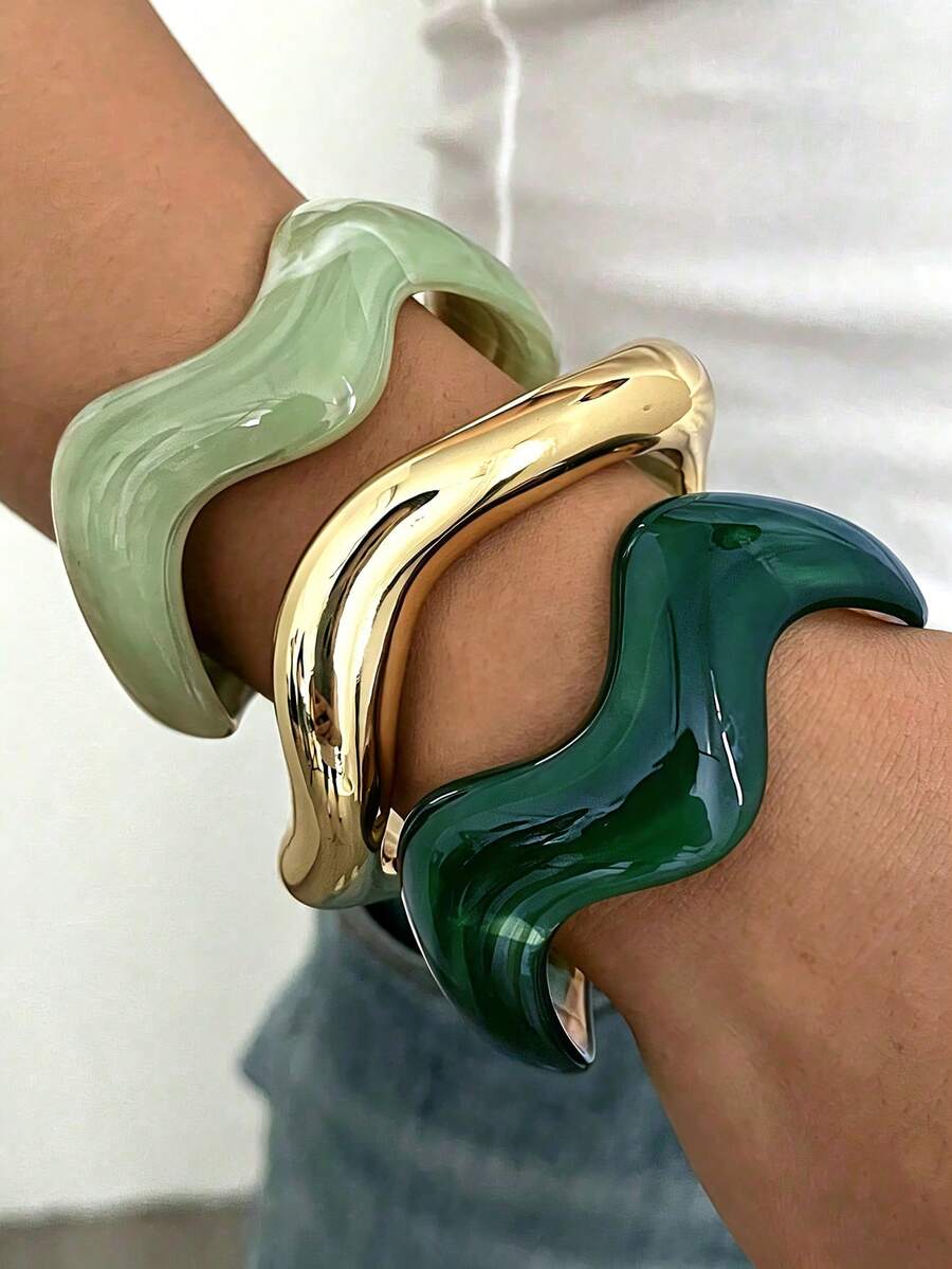 1pc/3pcs Retro Minimalist Wavy Acrylic & CCB Material Bangle Bracelet, Versatile Daily Wear, Stackable, Perfect Gift Choice - Multicolor - View 1