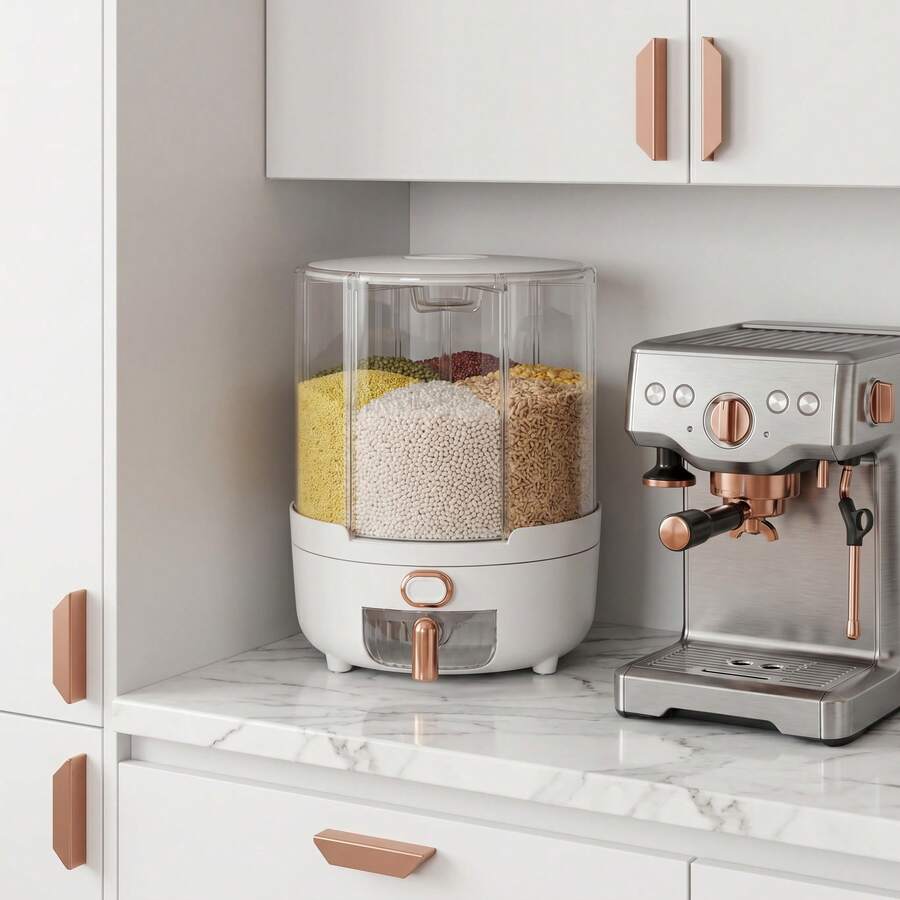 1 Storage Box For Rice, Rice Distributor, Grain Distributor, 360-Degree Rotating Rice Storage Box, Kitchen Grain Storage Container, 6 Compartments, One-Button Design, Convenient For Accessing Wheat, Beans And Rice! - View 1