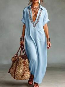 2026 Spring/Summer European And American New Style Loose Women's Embroidered Pocket Casual Turn-Down Collar Cotton-Linen Dress - 黃色 - 查看 2