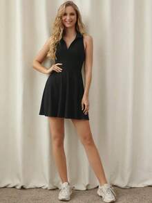 Vestido Corto Negro Sin Mangas con Cuello Polo y Falda Acampanada, Vestido Ajustado de Punto Ribeteado para Mujer, Moda Casual y Chic para Oficina y Salidas Diarias,  2026 - Negro - Ver 3