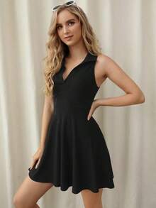 Vestido Corto Negro Sin Mangas con Cuello Polo y Falda Acampanada, Vestido Ajustado de Punto Ribeteado para Mujer, Moda Casual y Chic para Oficina y Salidas Diarias,  2026 - Negro - Ver 4