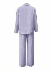 Lightweight Polo Collar Casual Cardigan, Solid Color Elegant Blouse Top Suitable For Beach, Daily, Work, Shopping, Soft & Comfortable Fabric, Elastic Waist Loose Pants, 2 Pieces Set, Spring/Summer/Autumn - Purple - View 5