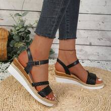 Aijiangluo Giày sandal nữ màu đen thời trang mới, nhẹ, đa năng, đính đá lấp lánh, hở mũi, đế dày, kiểu dáng nghỉ hè, quai bện, thích hợp cho hẹn hò, mua sắm, đi làm, dự tiệc, đi biển. - màu đen - Xem 9