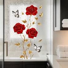 1pc Gold-Rimmed Red Rose Glass Sticker, Vintage Luxury Red Rose & Butterfly Window/Door Decor Sticker, Removable & Residue-Free - Multicolor - View 3