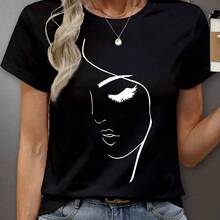 Women's T-Shirt With A Face Graphic And Simple Line Drawing, Short-Sleeved, Suitable For Summer And Autumn. Graphic T-Shirts For Women, Tops Made Of 100% Cotton, Crew Neck T-Shirt, Soft Texture, Lightweight And Breathable For Spring, Summer, And Autumn. Women's Crew Neck T-Shirt, Short-Sleeved Seasonal Fashion Cotton Unisex T-Shirt, Comfortable Unisex Short-Sleeved Shirt. - 白色 - 查看 2