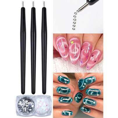 1/2/3 chiếc bút vẽ móng nghệ thuật mắt mèo xoáy có nam châm kèm 2 hộp kim tuyến hình ngôi sao, bút vẽ móng gel mắt mèo có nam châm, bút lấy hạt thép dùng để tự làm móng nghệ thuật mắt mèo Y2K tại nhà và salon.