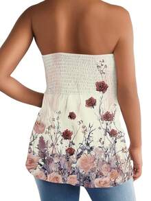 Women's Smocked Ruffle Tube Tops Floral Print Strapless Bandeau Tops Flowy Hem Shirts - Putih - View 6