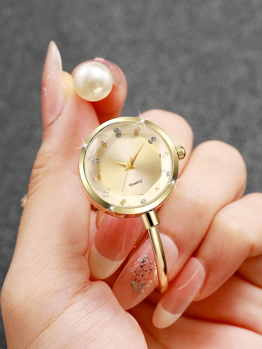 1pc Women's Gift Watch, Delicate Compact Minimalist Rhinestone Dial, Versatile Ladies Quartz Wrist Watch, Pearl Bracelet Design, Excluding Watch Box - Gold - View 1